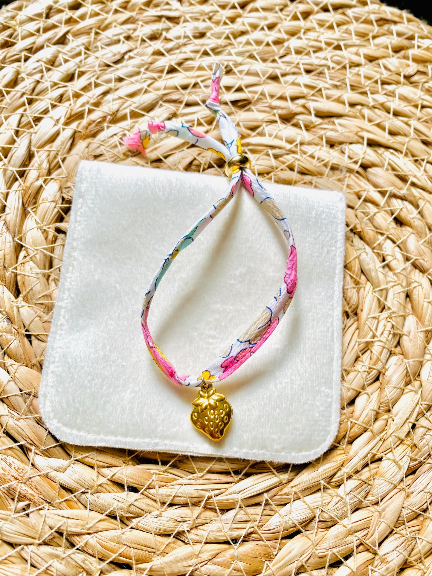 Strawberries & Cream - Girls Liberty Print floral strawberry charm bracelet