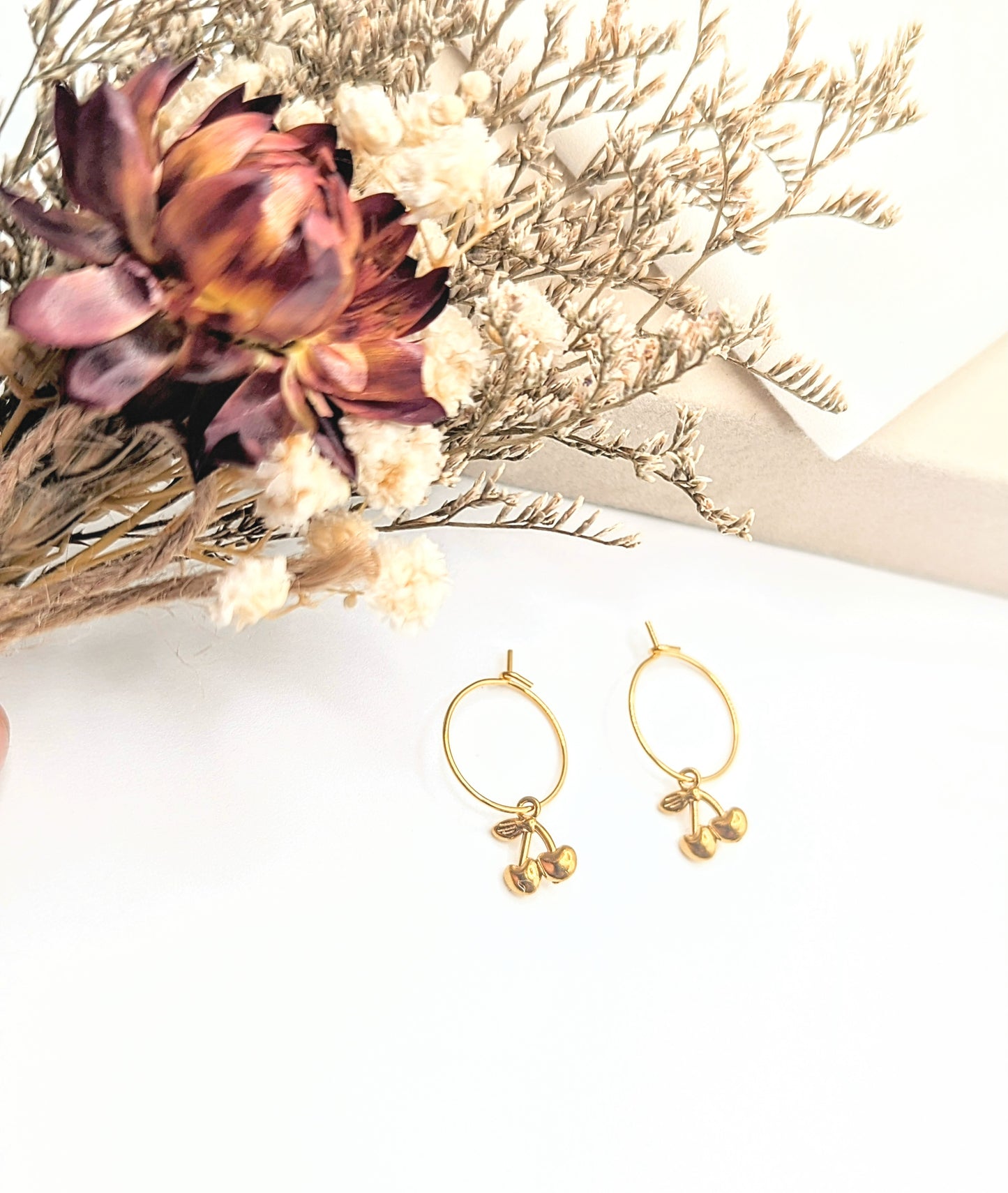 Cherry Drops Hoop Earrings (Gold)