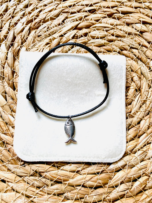Hooked - Mens Adjustable Black Cord Fish Charm Bracelet