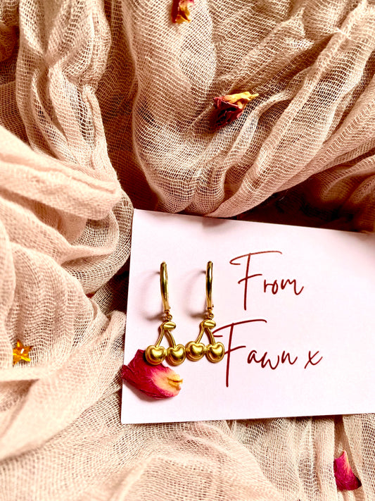 Cherry Drops Huggie Earrings (Gold)