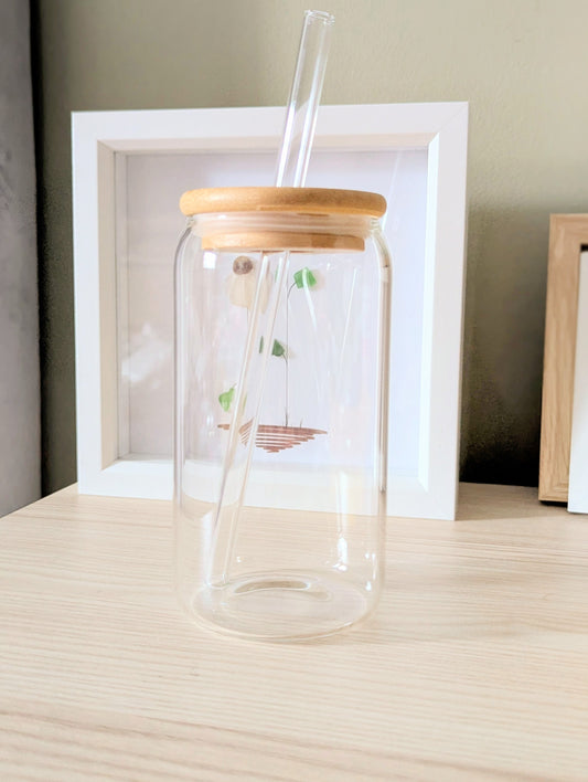 Glass Tumbler With Wooden Lid & Straw